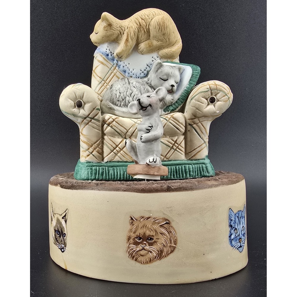 Vtg MSR Cats On Chair Ceramic Music Box Mouse Spins Plays Impossible Dream